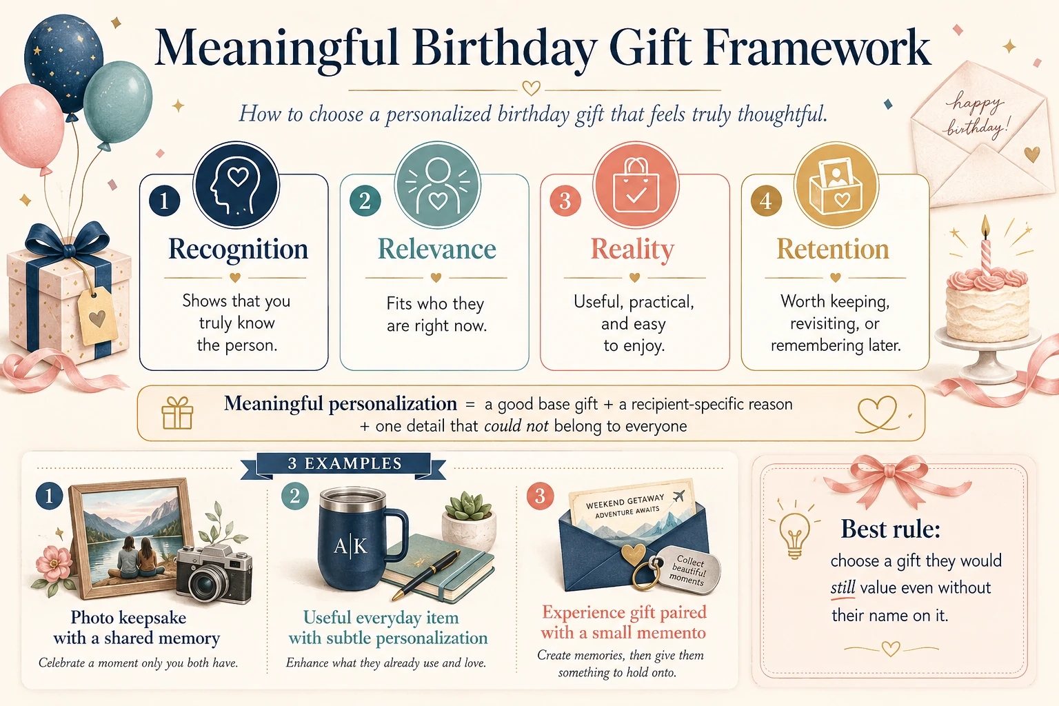 Meaningful birthday gift framework based on recognition, relevance, usability and emotional staying power