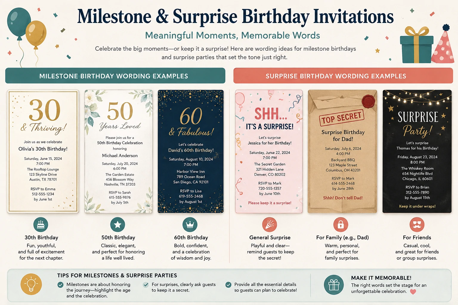 Milestone and surprise birthday invitation wording with arrival instructions and formal celebration details