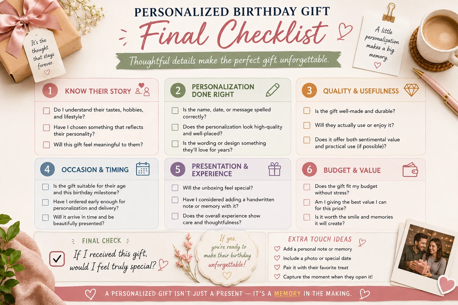 Personalized birthday gift checklist covering recipient fit, memory accuracy, usability, privacy, quality and presentation