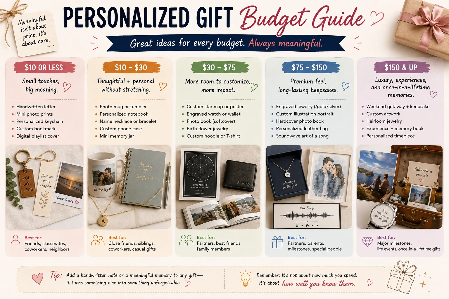 Personalized birthday gift budget guide with thoughtful low-cost, mid-range and premium approaches