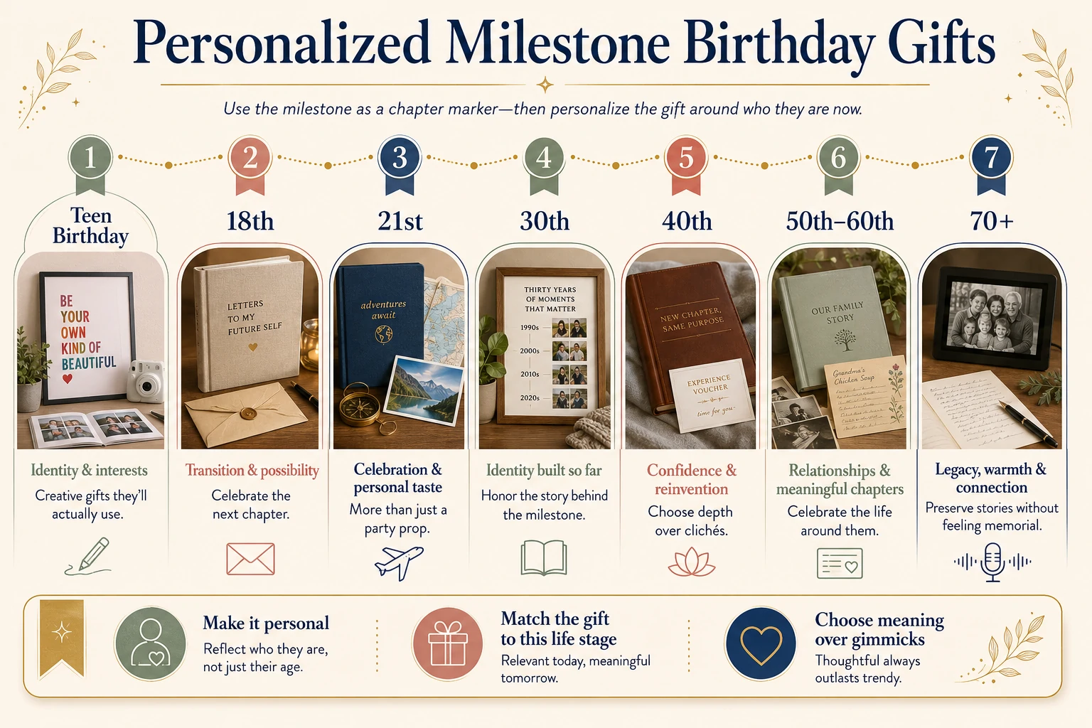 Personalized milestone birthday gift ideas for teens, 18th, 21st, 30th, 40th, 50th, 60th and older birthdays