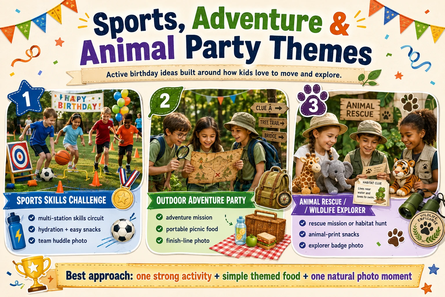 Sports, adventure, animal and nature birthday themes for active kids