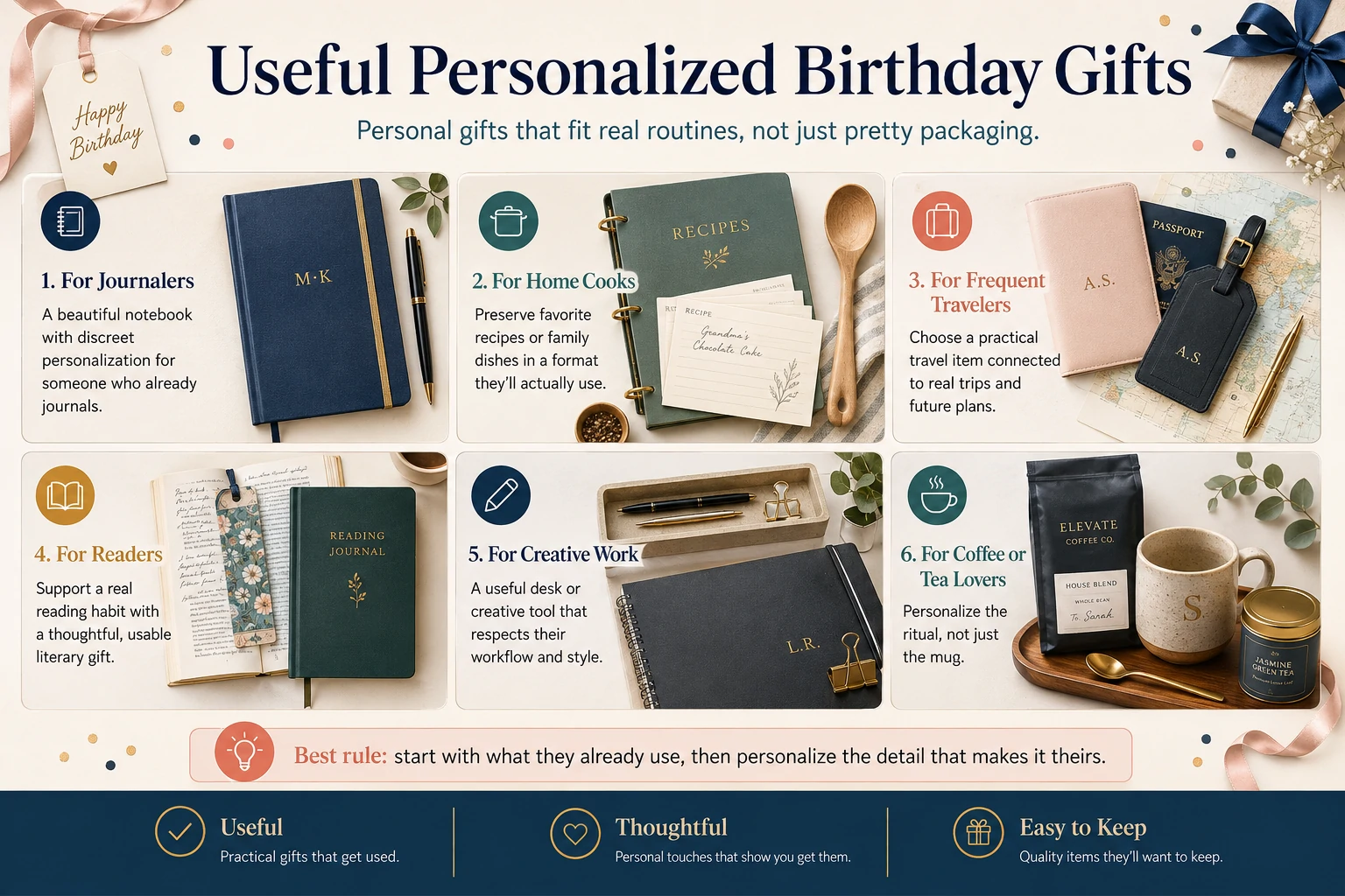 Useful personalized birthday gifts matched to hobbies, routines, work, travel and home life